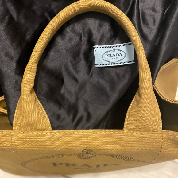 Prada linen shopping bag 13X8x. Good condition. Very clean Tan. Side pockets - Picture 7 of 16